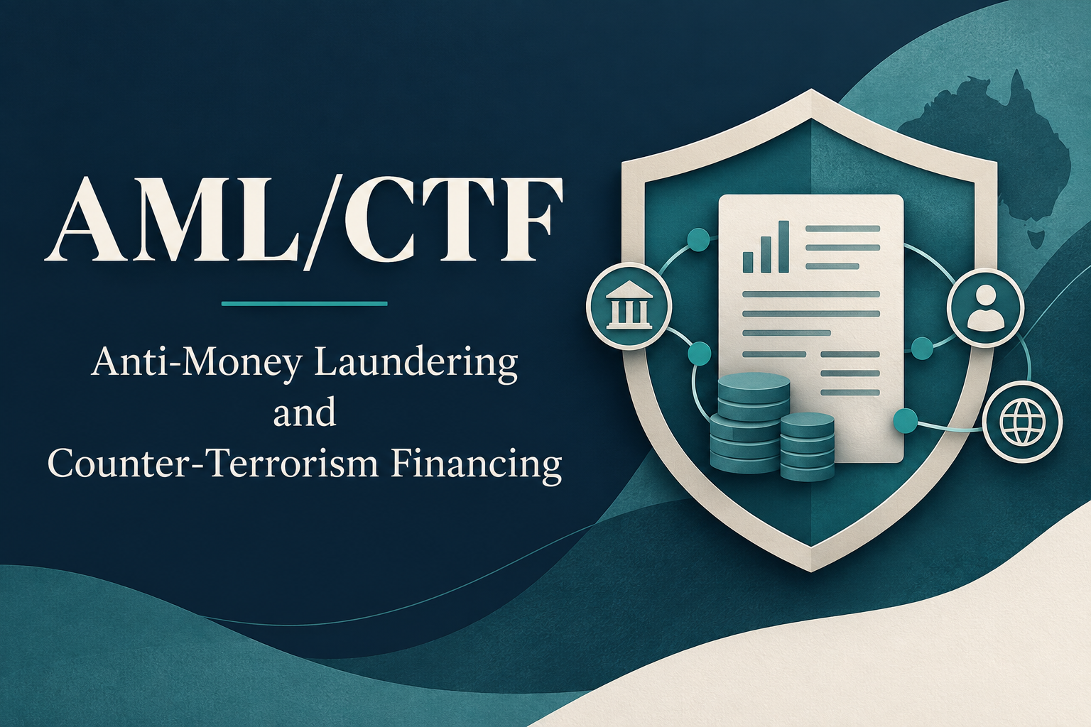 AML/CTF means Anti-Money Laundering and Counter-Terrorism Financing. Illustration of a shield protecting financial records.